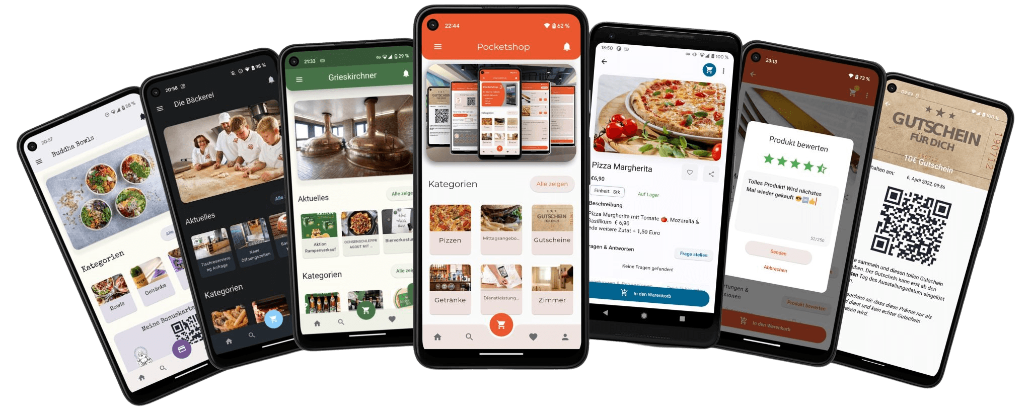 Pocketshop Whitelabel-App auf mehreren Smartphone-Screens